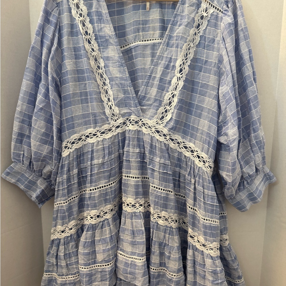 Free People Blue Plaid Women's Top with Lace Detailing